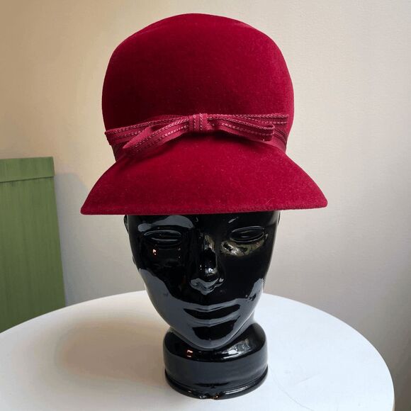 VTG Red Cloche Hat 1930s Wool Felt Old Hollywood Peachbloom Velour Union main image 5
